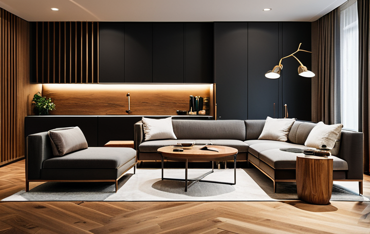 A modern, high-end interior space designed with principles of sensory immersion, showcasing a blend of warm, diffused lighting and rich, inviting textures like polished wood and soft, natural fabrics. The environment conveys a sense of calm and sophisticated quality, with subtle details that evoke a pleasant atmosphere. professional, appropriate attire, safe for work, appropriate content, family-friendly, high quality, professional photography, detailed, inviting atmosphere.