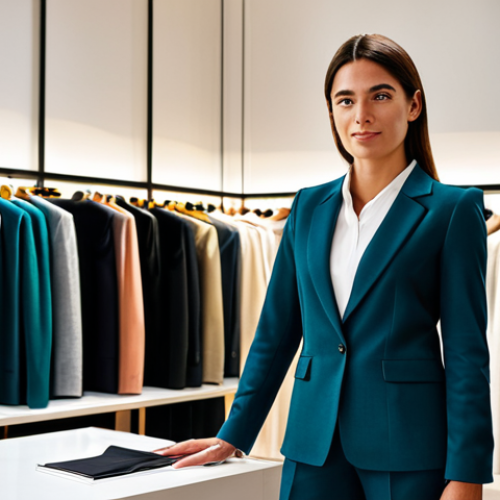 Home 6 A professional female store manager, fully clothed in a modest, elegant business casual outfit including a blazer and smart trousers. She stands confidently, presenting a high-end clothing display in an upscale fashion boutique located in Madrid's Salamanca district. The interior features soft, warm spotlighting that highlights luxurious fabric textures. The space exudes a subtle, sophisticated ambiance, indicative of a signature olfactive experience. Professional photography, hyperrealistic, cinematic light, high resolution, perfect anatomy, correct proportions, well-formed hands, proper finger count, natural body proportions, safe for work, appropriate content, modest, professional dress.