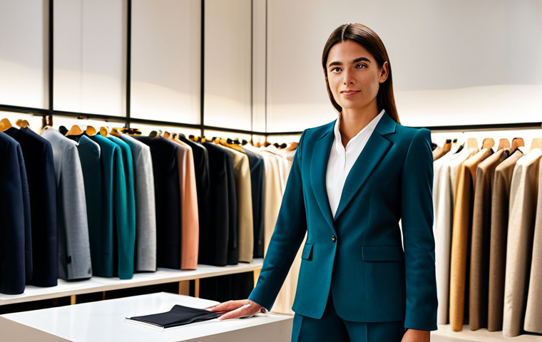 A professional female store manager, fully clothed in a modest, elegant business casual outfit including a blazer and smart trousers. She stands confidently, presenting a high-end clothing display in an upscale fashion boutique located in Madrid's Salamanca district. The interior features soft, warm spotlighting that highlights luxurious fabric textures. The space exudes a subtle, sophisticated ambiance, indicative of a signature olfactive experience. Professional photography, hyperrealistic, cinematic light, high resolution, perfect anatomy, correct proportions, well-formed hands, proper finger count, natural body proportions, safe for work, appropriate content, modest, professional dress.