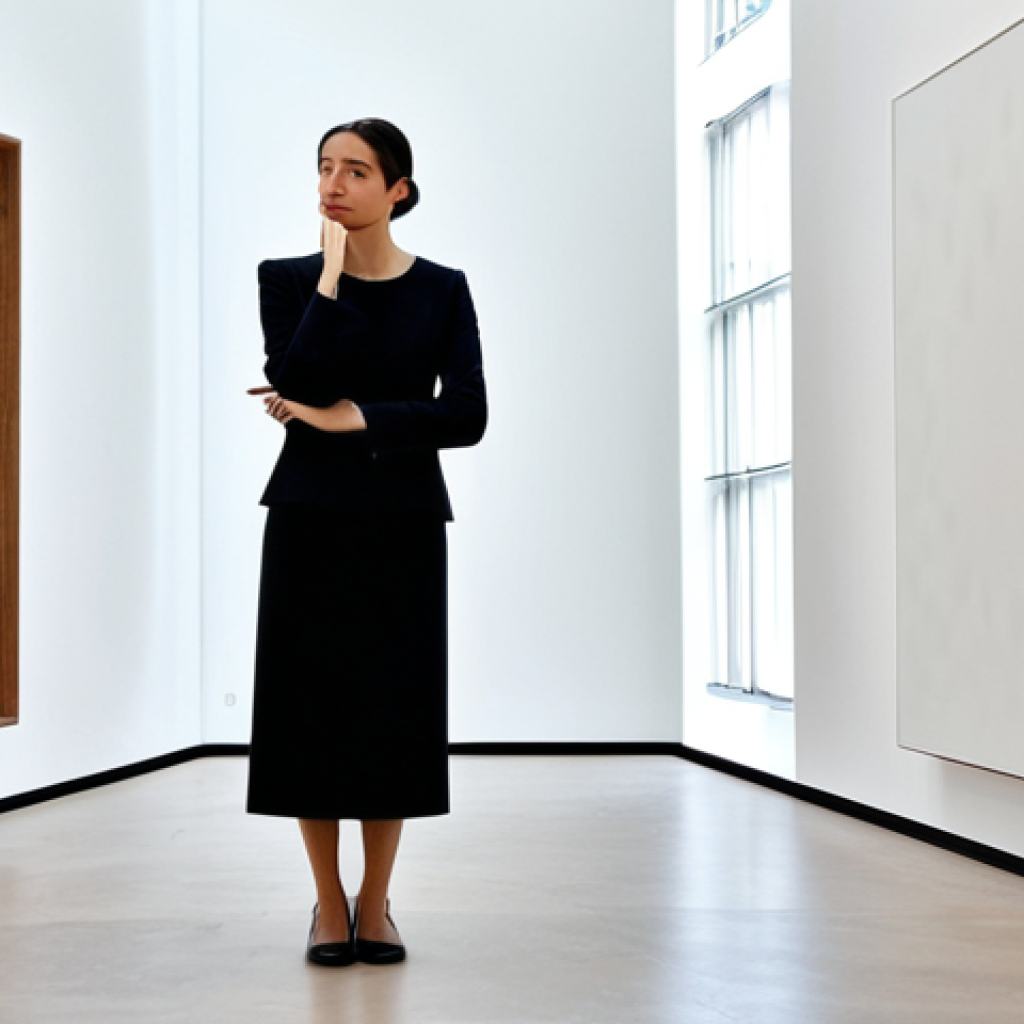 A professional individual, fully clothed in modest business attire, calmly observing an art installation within a modern, elegantly designed art gallery in Barcelona. The space features soft, warm ambient lighting, creating gentle shadows, and a subtle, pleasant background aroma, with distant, calming classical music. The individual's pose is natural and contemplative. The setting conveys a sense of sophistication and comfort, highlighting various textures in the art and architecture. The image should be a high-quality professional photograph, depicting a serene and engaging atmosphere. safe for work, appropriate content, fully clothed, professional, perfect anatomy, correct proportions, natural pose, well-formed hands, proper finger count, natural body proportions, modest clothing.