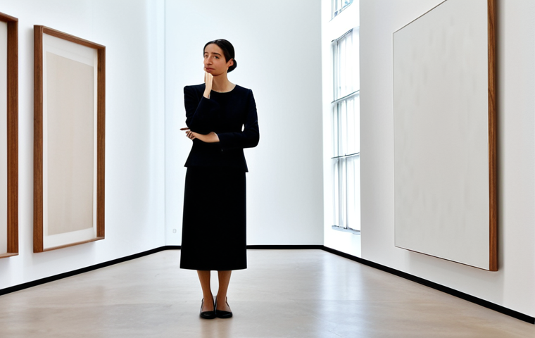 A professional individual, fully clothed in modest business attire, calmly observing an art installation within a modern, elegantly designed art gallery in Barcelona. The space features soft, warm ambient lighting, creating gentle shadows, and a subtle, pleasant background aroma, with distant, calming classical music. The individual's pose is natural and contemplative. The setting conveys a sense of sophistication and comfort, highlighting various textures in the art and architecture. The image should be a high-quality professional photograph, depicting a serene and engaging atmosphere. safe for work, appropriate content, fully clothed, professional, perfect anatomy, correct proportions, natural pose, well-formed hands, proper finger count, natural body proportions, modest clothing.