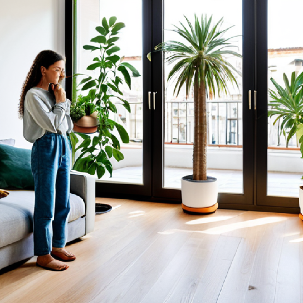 Sustainable Design in a Modern Barcelona Apartment**
"A bright and airy modern apartment in Barcelona, Spain, showcasing sustainable design elements. Focus on a living room area with furniture made from recycled materials, potted plants native to the Mediterranean, and large windows allowing natural light. A young woman, fully clothed in stylish, eco-friendly linen clothing, is watering the plants. Safe for work, appropriate content, fully clothed, modest, family-friendly. Perfect anatomy, correct proportions, natural pose, well-formed hands, proper finger count, natural body proportions, professional photography, high quality."
**