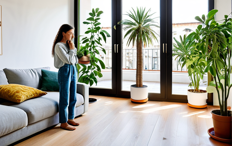 Sustainable Design in a Modern Barcelona Apartment**
"A bright and airy modern apartment in Barcelona, Spain, showcasing sustainable design elements. Focus on a living room area with furniture made from recycled materials, potted plants native to the Mediterranean, and large windows allowing natural light. A young woman, fully clothed in stylish, eco-friendly linen clothing, is watering the plants. Safe for work, appropriate content, fully clothed, modest, family-friendly. Perfect anatomy, correct proportions, natural pose, well-formed hands, proper finger count, natural body proportions, professional photography, high quality."
**