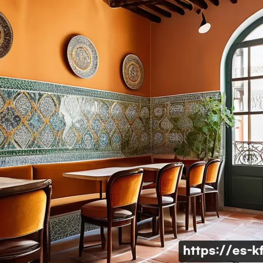 감각 디자인의 물리적 요소와 공간 설계 - A cozy Spanish café interior featuring rough stone tabletops paired with warm wooden floors and text...