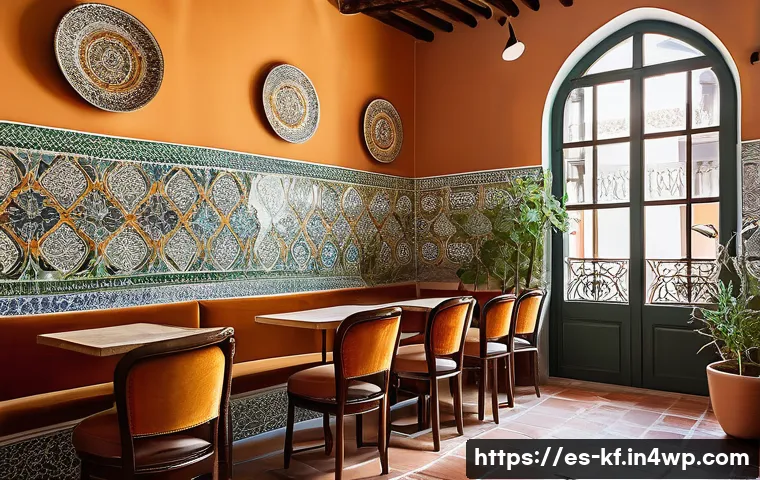감각 디자인의 물리적 요소와 공간 설계 - A cozy Spanish café interior featuring rough stone tabletops paired with warm wooden floors and text...