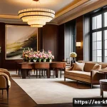 감각 디자인에서의 후각의 중요성 - A luxurious boutique hotel lobby bathed in warm, soft lighting, featuring elegant wooden furniture a...