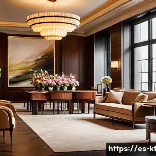 감각 디자인에서의 후각의 중요성 - A luxurious boutique hotel lobby bathed in warm, soft lighting, featuring elegant wooden furniture a...