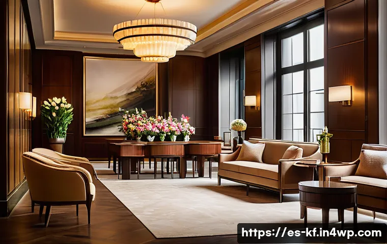 감각 디자인에서의 후각의 중요성 - A luxurious boutique hotel lobby bathed in warm, soft lighting, featuring elegant wooden furniture a...