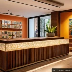 감각 디자인의 다섯 가지 감각 활용하기 - A cozy boutique hotel lobby in a vibrant Latin American city, featuring warm natural lighting and so...