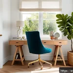 감각 디자인을 위한 공간 구성 전략 - A bright, modern home office bathed in natural sunlight streaming through large windows with sheer w...