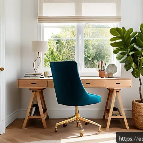 감각 디자인을 위한 공간 구성 전략 - A bright, modern home office bathed in natural sunlight streaming through large windows with sheer w...