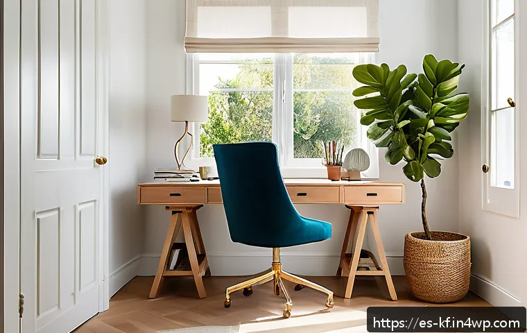 감각 디자인을 위한 공간 구성 전략 - A bright, modern home office bathed in natural sunlight streaming through large windows with sheer w...